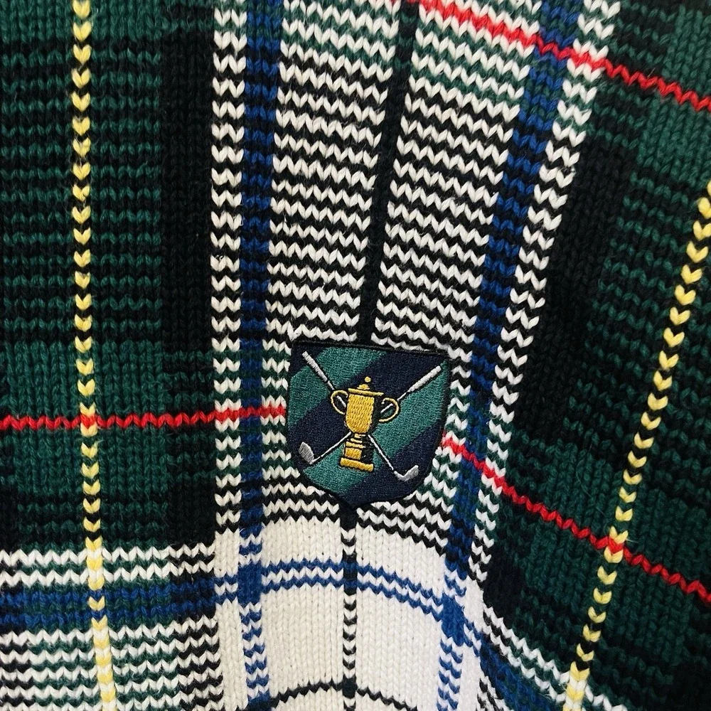 VTG Men's Lord & Taylor Plaid Golf Sweater Cotton‎ Dark Blue Multi Appliqué Sz L
